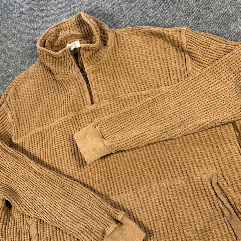MATE the Label Organic Thermal Quarter Zip Waffle Knit Pullover Brown XL Cozy